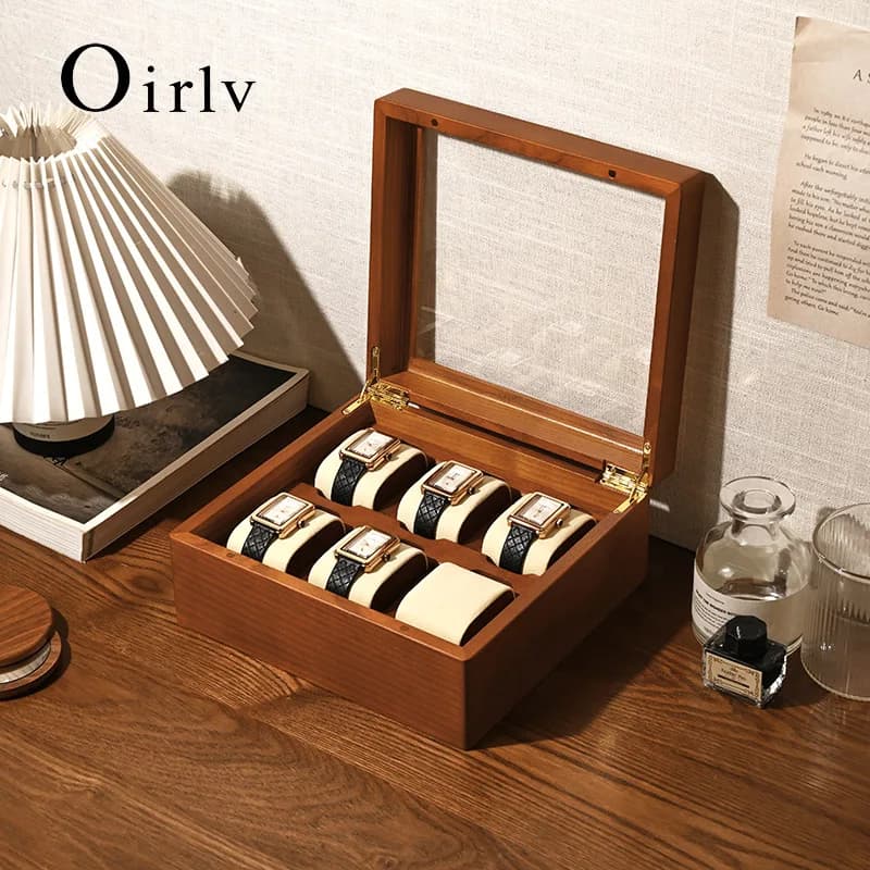 Oirlv Scatola portaoggetti per orologi in legno Scatola per orologi delicata con copertura in vetro antipolvere Scatola per orologi da polso Scatola per esposizione Scatola per orologi a 6 marce