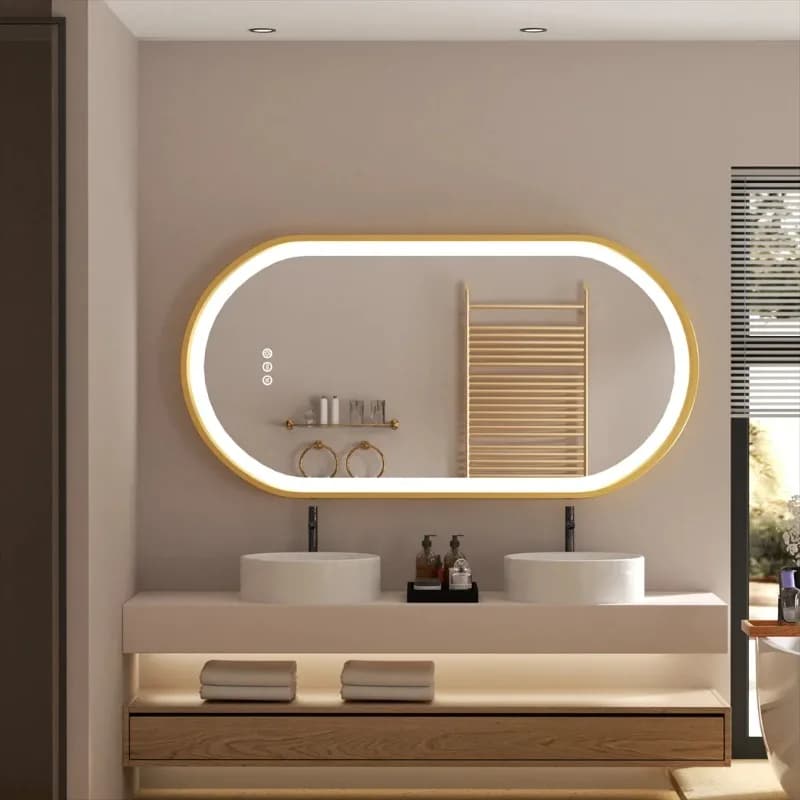 LUVODI Specchio da bagno illuminato a LED ovale di lusso con cornice in alluminio dorato con tappetino disappannante