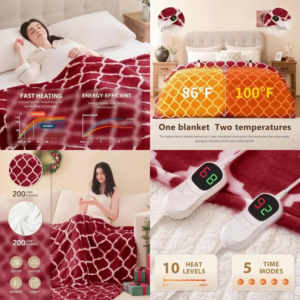 Coperta Elettrica Queen Size 84x90 - 10 Livelli di Calore, Spegnimento Automatico 8 Ore, Morbido Flanella, Protezione dal Surriscaldamento, Certificata ETL