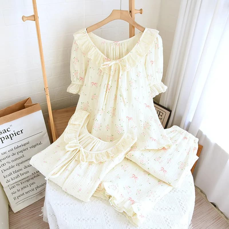 Indumenti da notte in cotone per abiti da casa carini e dolci da donna Pigiama con pantaloni lunghi con scollo a V primaverili ed estivi