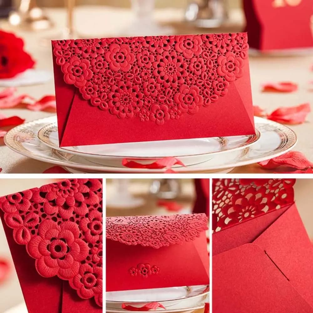 6 Pezzi di Raffinati Buste Rosse Cinesi con Incisione Laser, Sacchetti Portafortuna Rettangolari Traforati, HongBao Tridimensionali in Rilievo