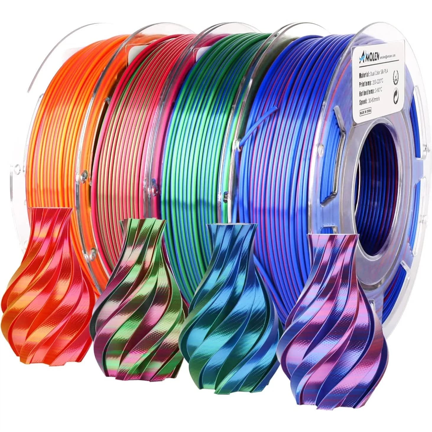 Filamento PLA Bicolore in Seta 1.75mm, Confezione Multicolore per Stampanti 3D, 4 Bobine da 200g Ciascuna per Stampanti FDM