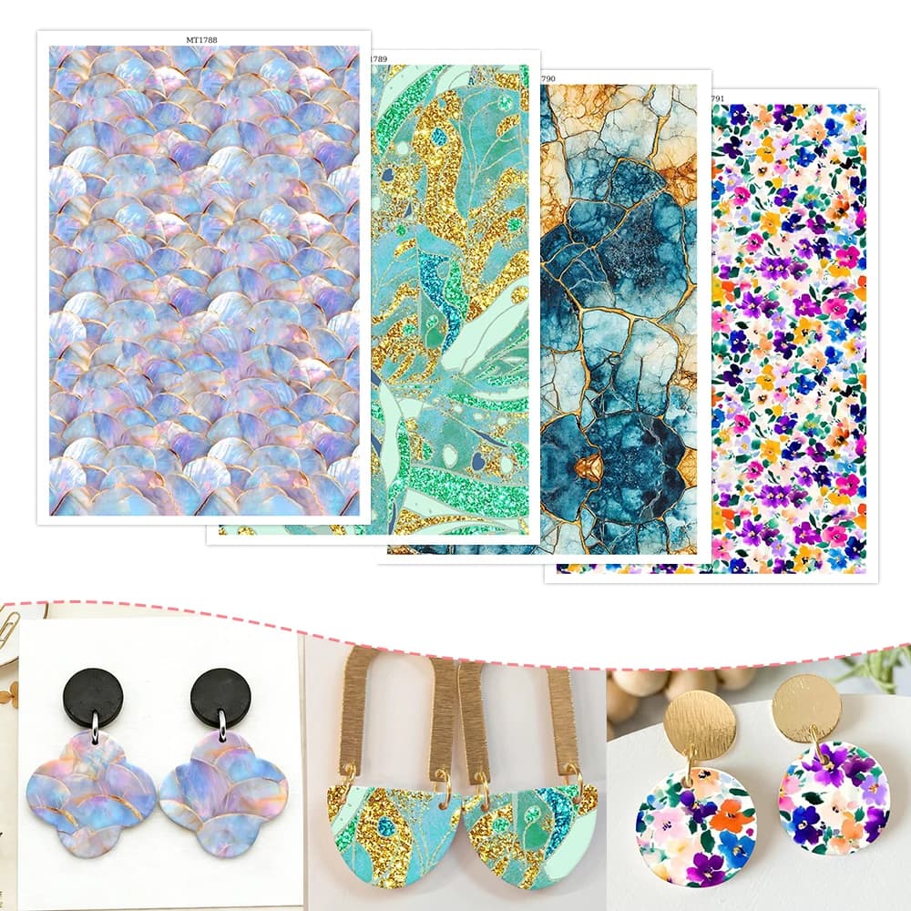 Mermaid Scale & Floral Print Polymer Clay Transfer Paper - Water Soluble Decal Sheets for DIY Earrings Jewelry Making