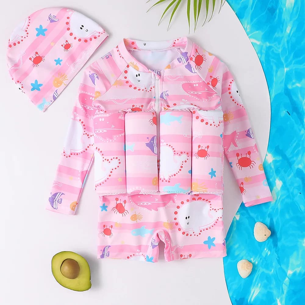 Costume da bagno galleggiante rosa per bambine con cappuccio, protezione UV, per bambine da 1 a 6 anni, manica lunga/corta