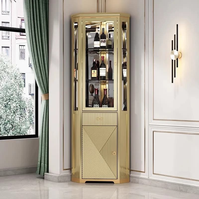 Mobile ad angolo moderno e di lusso leggero, soggiorno, mobile triangolare, sala da pranzo, tutto in legno massello, armadietto per vino in vetro, champagne oro