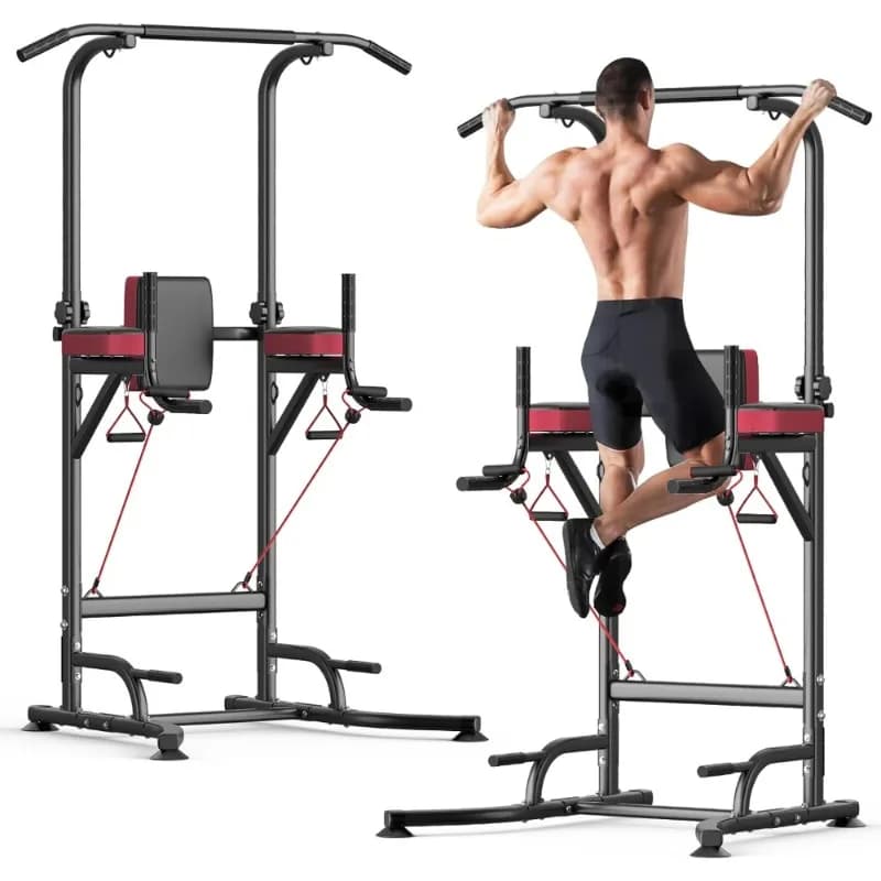 Adjustable traction bar support for strength training in home gym with dive station and resistance bands Power tower for heavy loads
