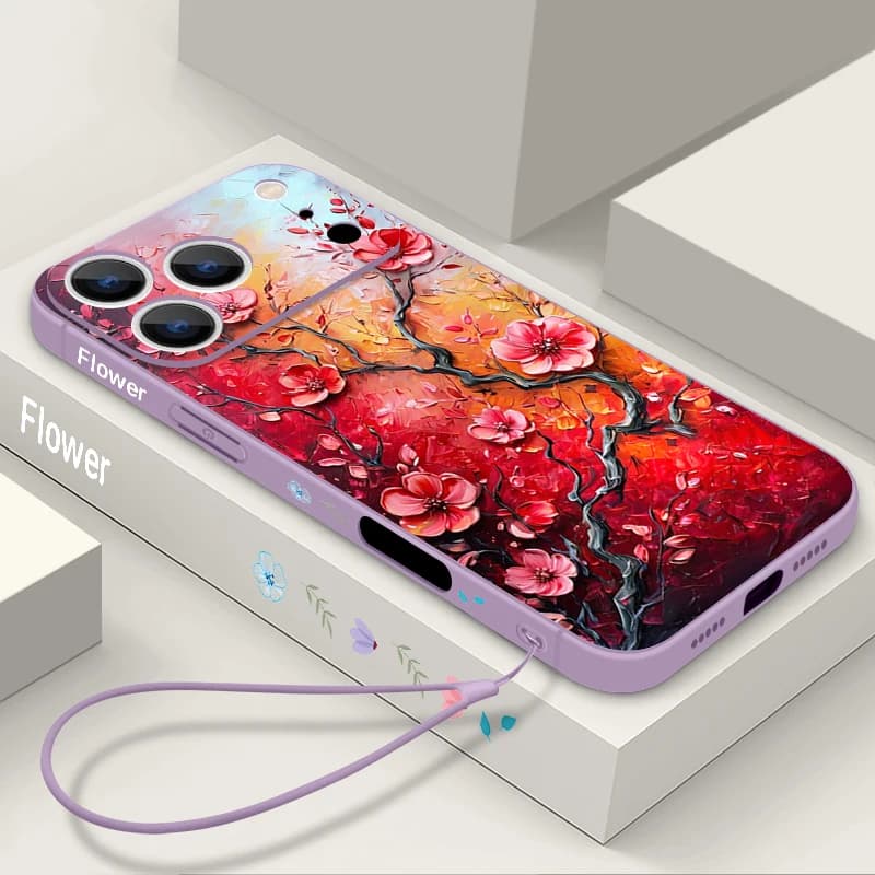 Custodia con Laccetto a Motivo Floreale Dipinto a Olio per iPhone 17 Pro Max, Cover Morbida in Silicone per iPhone 16 15 14 13 Pro Max 11 16E 17E