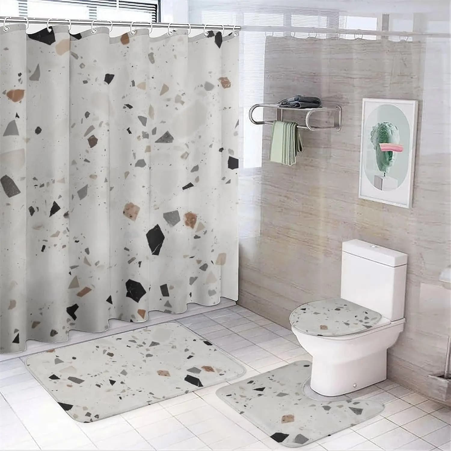 Set di tende da doccia in terrazzo bianco, 4 pezzi, con tappeti antiscivolo, copriwater e tappetino da bagno, morbido tappeto da bagno, pipistrello impermeabile