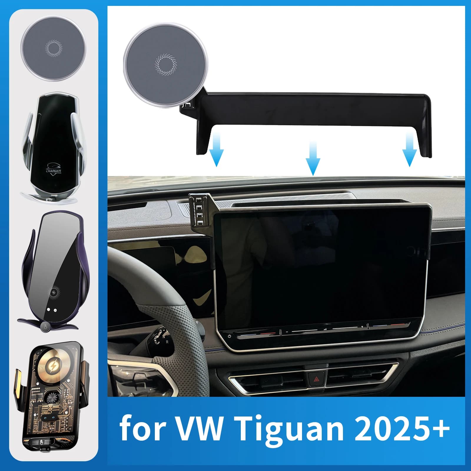 Per VW Tiguan tayron 2025 2026 (15 pollici) Supporto per telefono per auto Schermo Staffa di navigazione fissa Base di ricarica wireless
