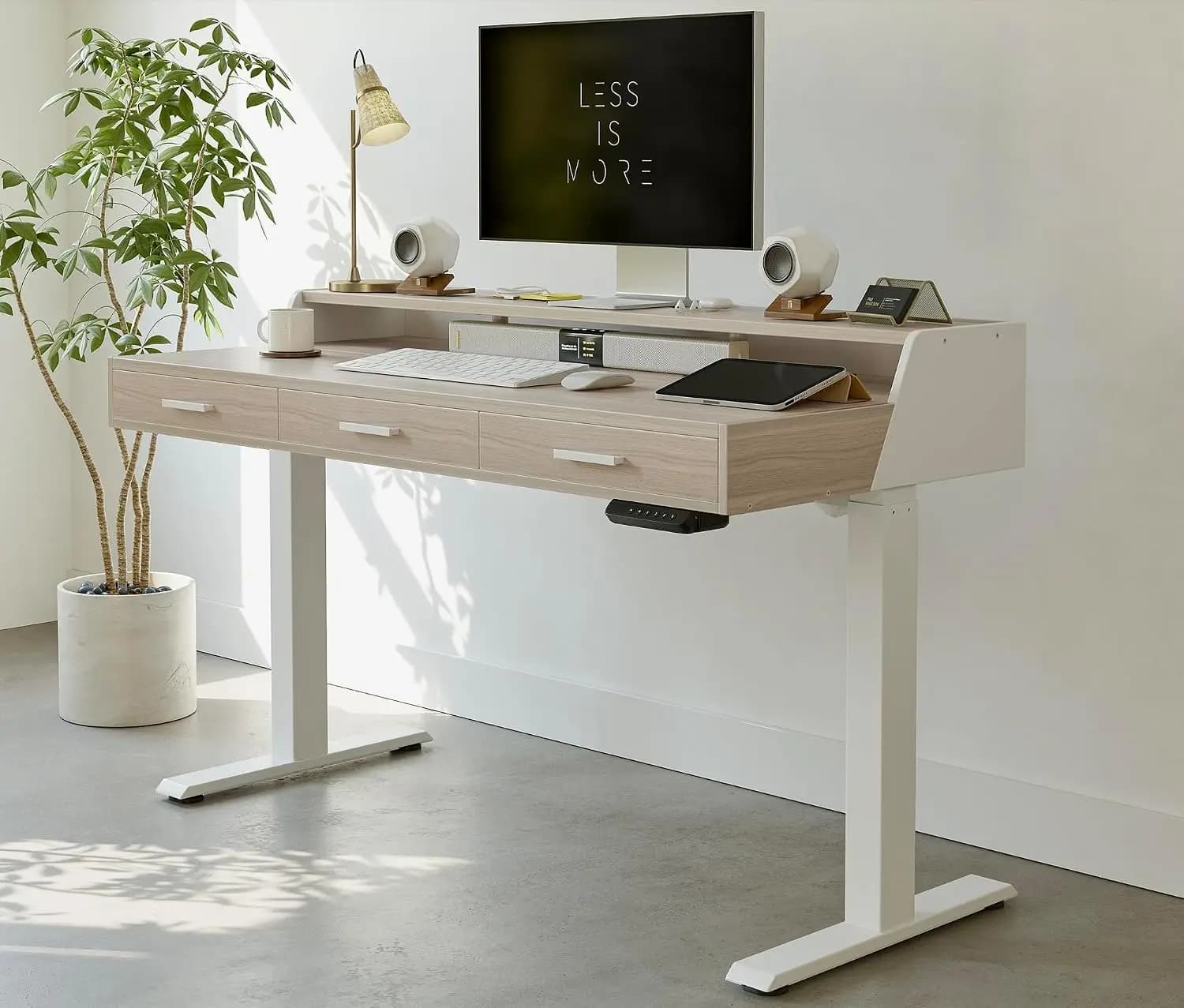 Electric Standing Desk With Drawers Adjustable Height Stand Up Desk With Monitor Shelf Sit Stand Home Office Writing Desk Workstation Storage Shelves Light Walnut