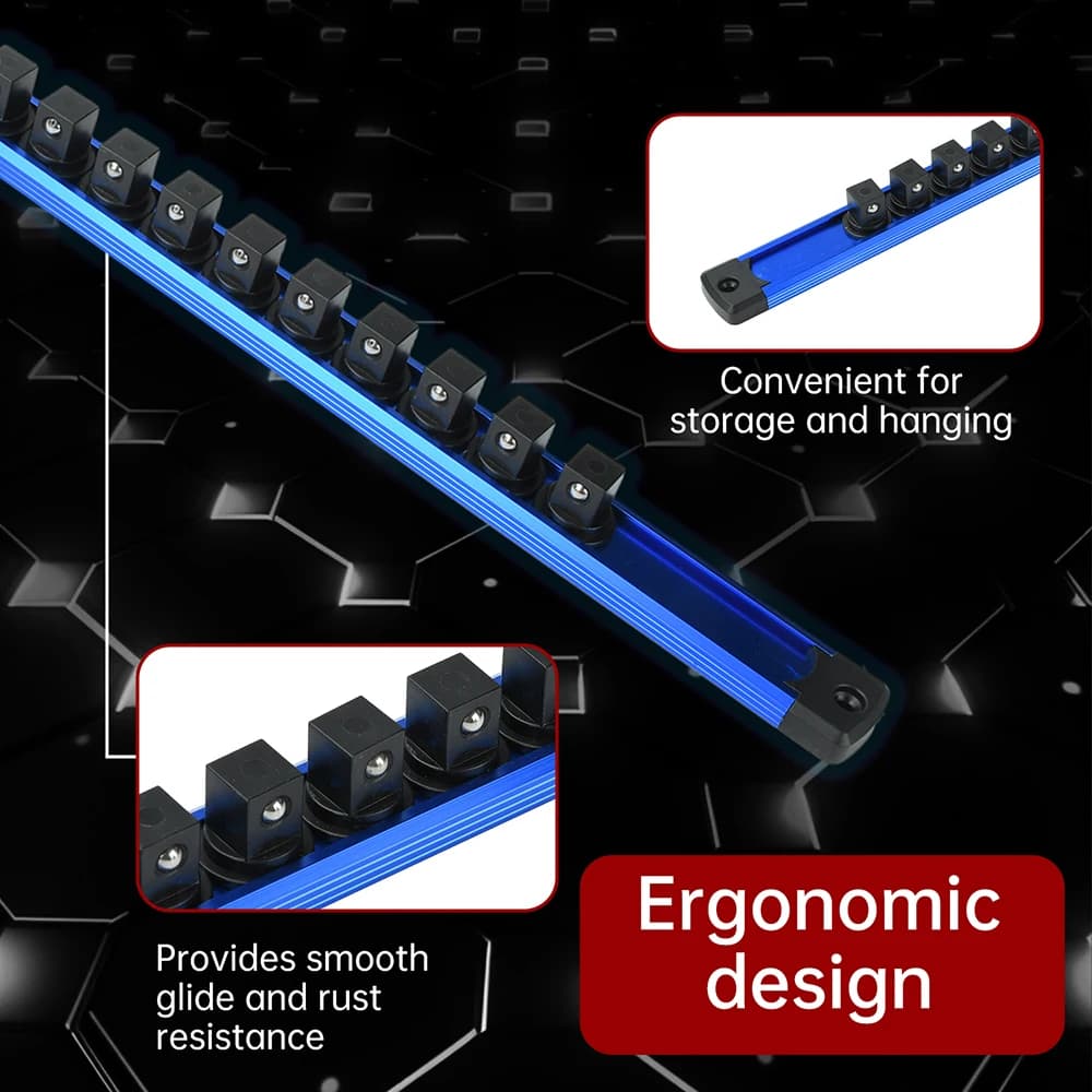 1x rack di stoccaggio per prese magnetiche blu rosse 1/4 pollici 3/8 pollici 1/2 pollici kit di supporti per display con prese in plastica organizzatore di strumenti metrici professionali