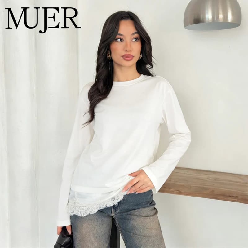 MUJER Women's T-Shirts in Long Sleeved White Lace, Summer Fun T-Shirts, Shirts and Blouses for Women, Top Polo with Female Patchwork