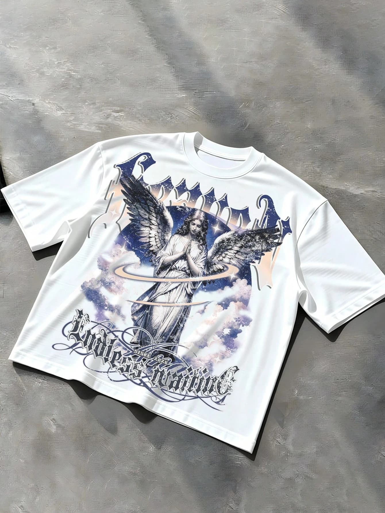 2026 New Unisex Vintage Aesthetic T‑Shirt Gothic Angel Halo Cloud Art Print Dark Old English Font Loose Casual Street Tee Tops