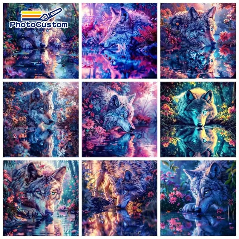 PhotoCustom Wolf Paint By Numbers Hand Painting Digital Oil Number Painting Kits Animal Acrylic Paint Frameless Crafts DIY