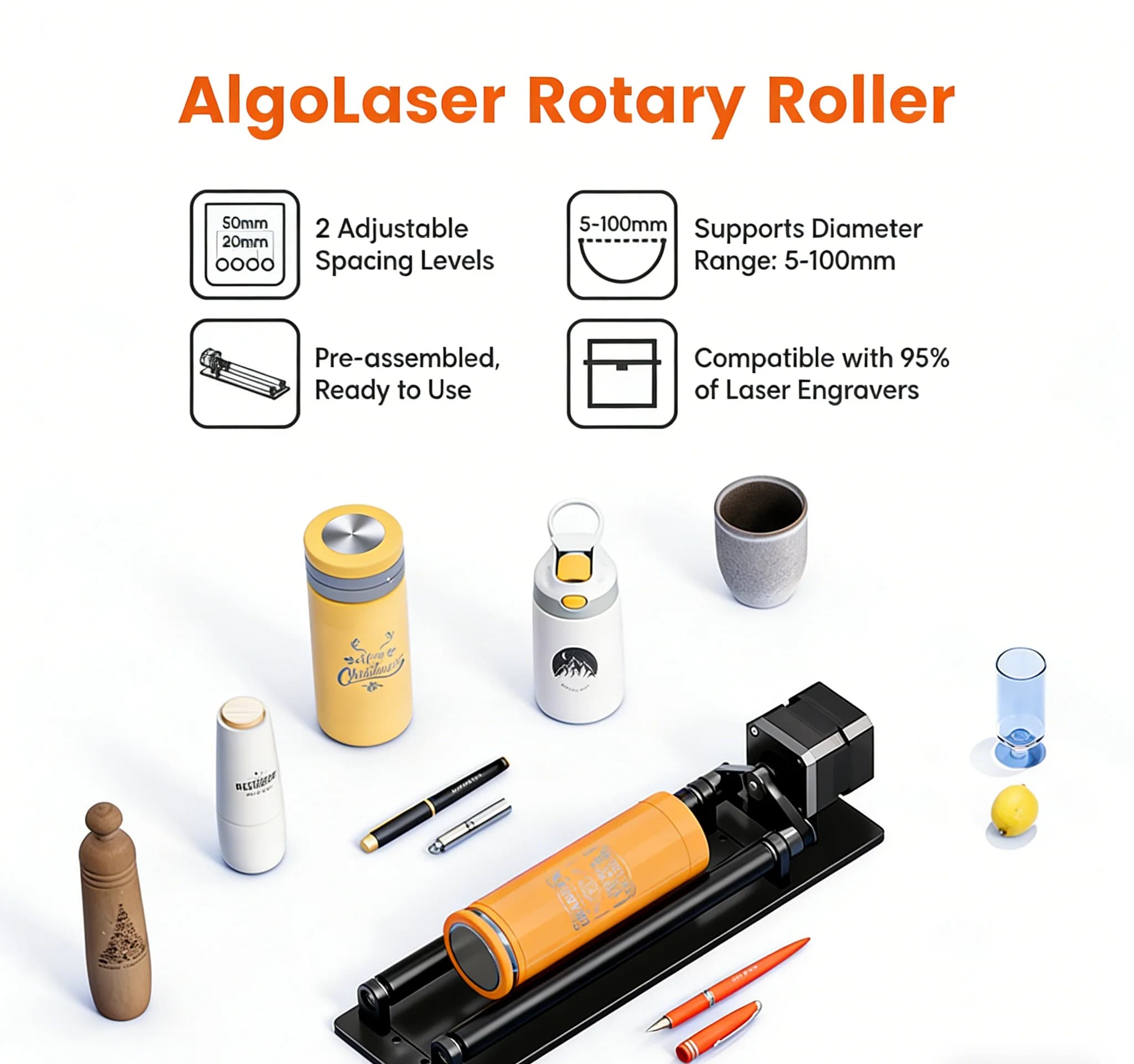 AlgoLaser 4 in 1 Mandrino Rotante Asse Y per Incisione Laser, Accessorio Rotante per Incisione di Anelli, Bracciali e Oggetti Cilindrici/Sferici Regolari e Irregolari