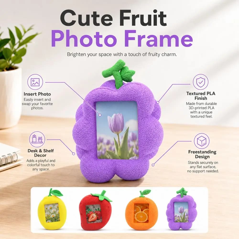 3D Printed PLA Fruit Photo Frame Fruit Shaped Freestanding Tabletop Picture Frame Textured Finish Decorative Photo Frame
