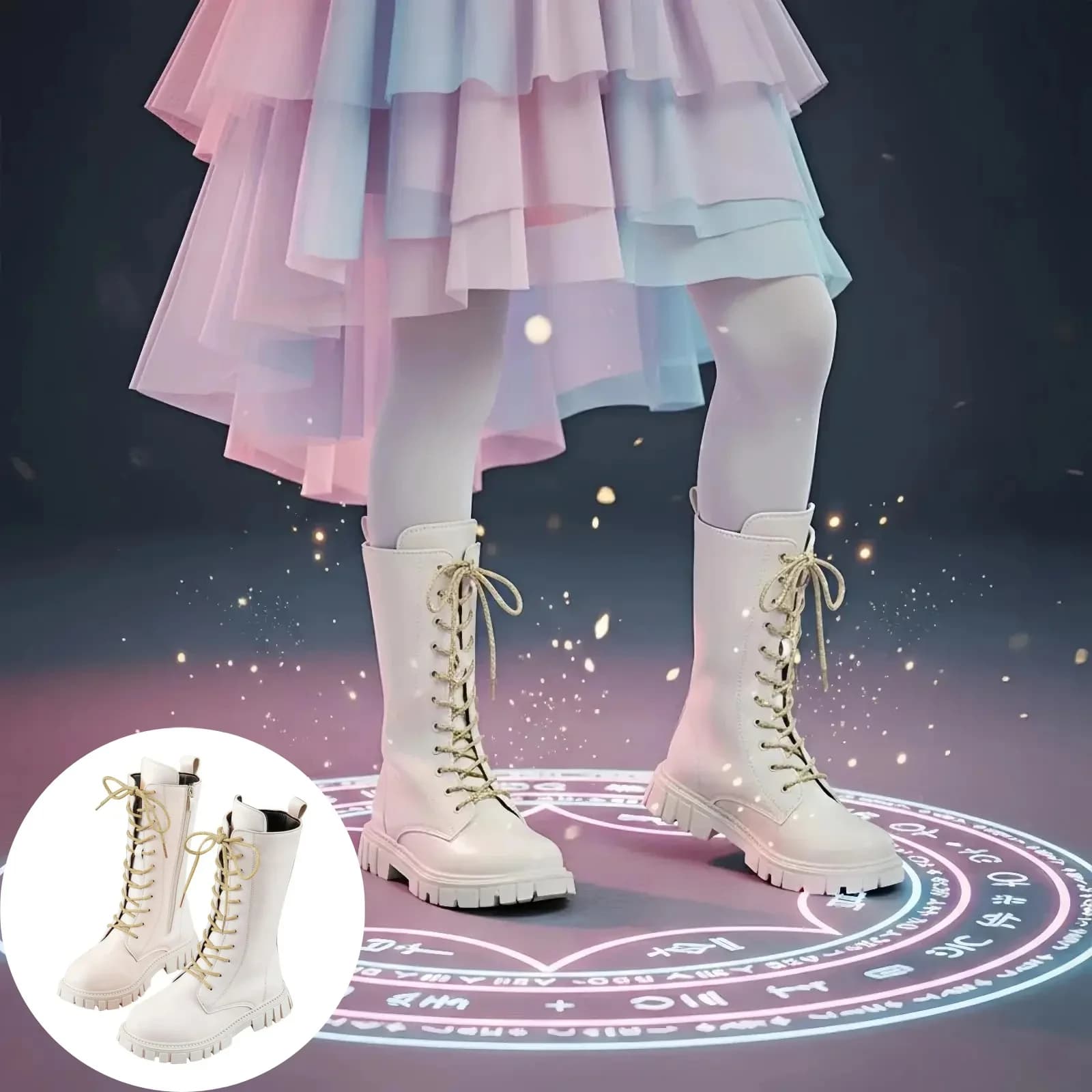 Stivali Alti da Bambina in Pelle PU Bianchi con Lacci e Cerniera Laterale, Suola Morbida, Ideali per la Scuola e l'Equitazione, Autunno Inverno