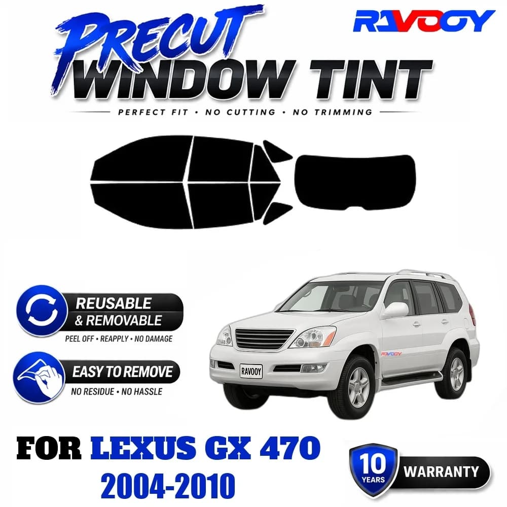 RAVOOY Precut Window Tint, Reusable Removable EPU Film, Custom Fit for Lexus GX 470 2004-2010, UV Heat Protection
