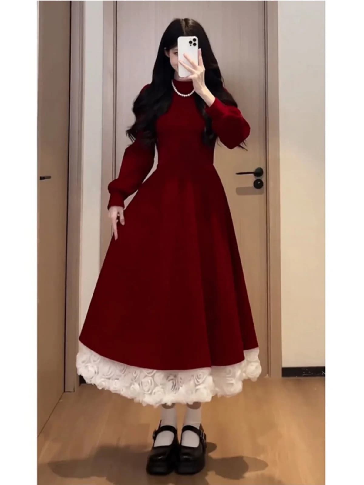 Abito in Velluto Rosso a Maniche Lunghe per Atmosfera Natalizia, Vestito Aderente a Linea A per Donna, Stile Elegante e alla Moda per Feste e Lavoro
