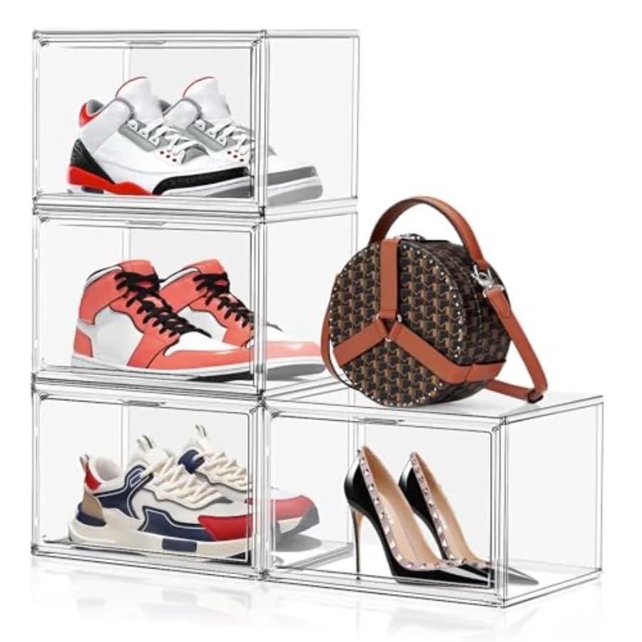 Set di 4 Scatole per Scarpe XLarge in Acrilico Trasparente, Contenitori per Borse, Espositore per Sneaker con Porta Magnetica