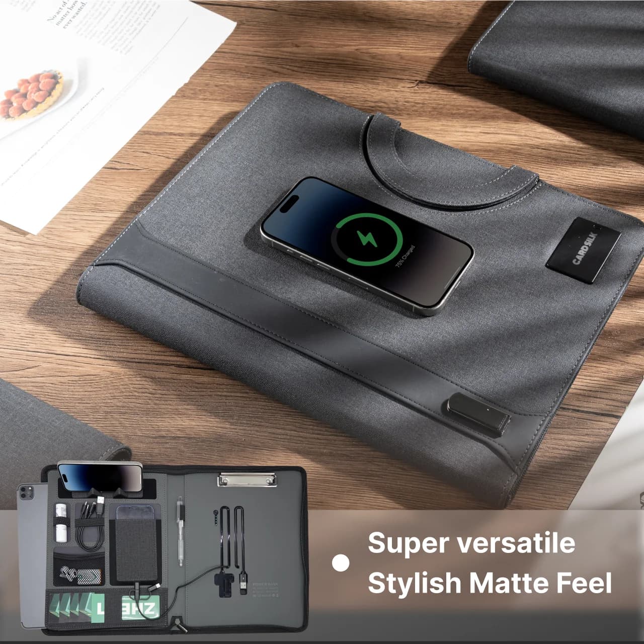 Padfolio in pelle con ricarica wireless, maniglia nascosta e appunti - Cartella organizer aziendale con blocco note, supporto per tablet