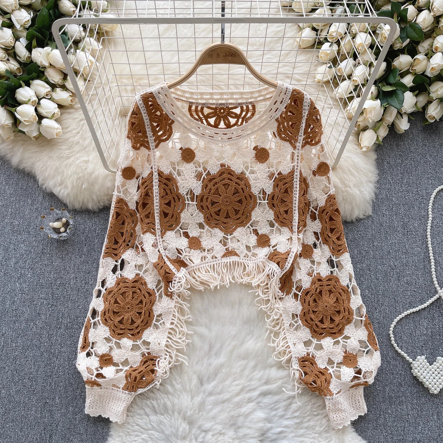 Chic floreale manica lunga a pipistrello Vintage Hollow Crochet nappa mantelle camicetta moda top Sexy elegante autunno donna Pullover