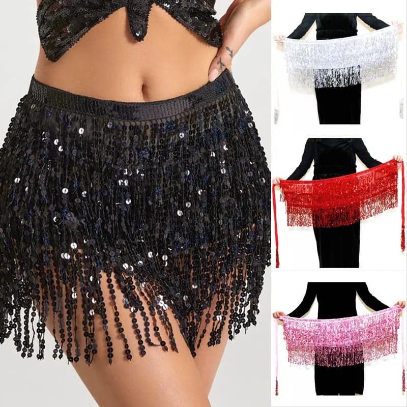Sequins Tassel Latin Dance Mini Skirt Waist Chain Belts Hip Scarf Stage Dance Carnival Party Costume Hula Belly Dance Hip Wrap