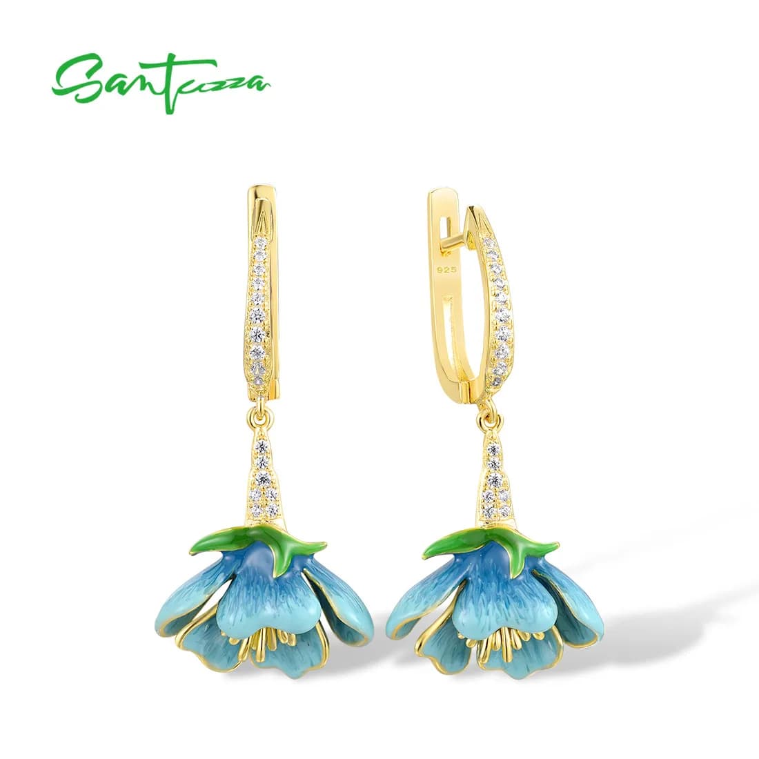 SANTUZZA pendant earrings in real Sterling 925 Sterling silver for women fine glazed jewelry with blue flower with sparkling white zircons