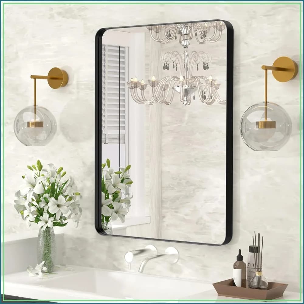 30x22 Wall Mounted Bathroom Mirror, Aluminum Frame, Anti-Rust, HD Tempered Glass, Black