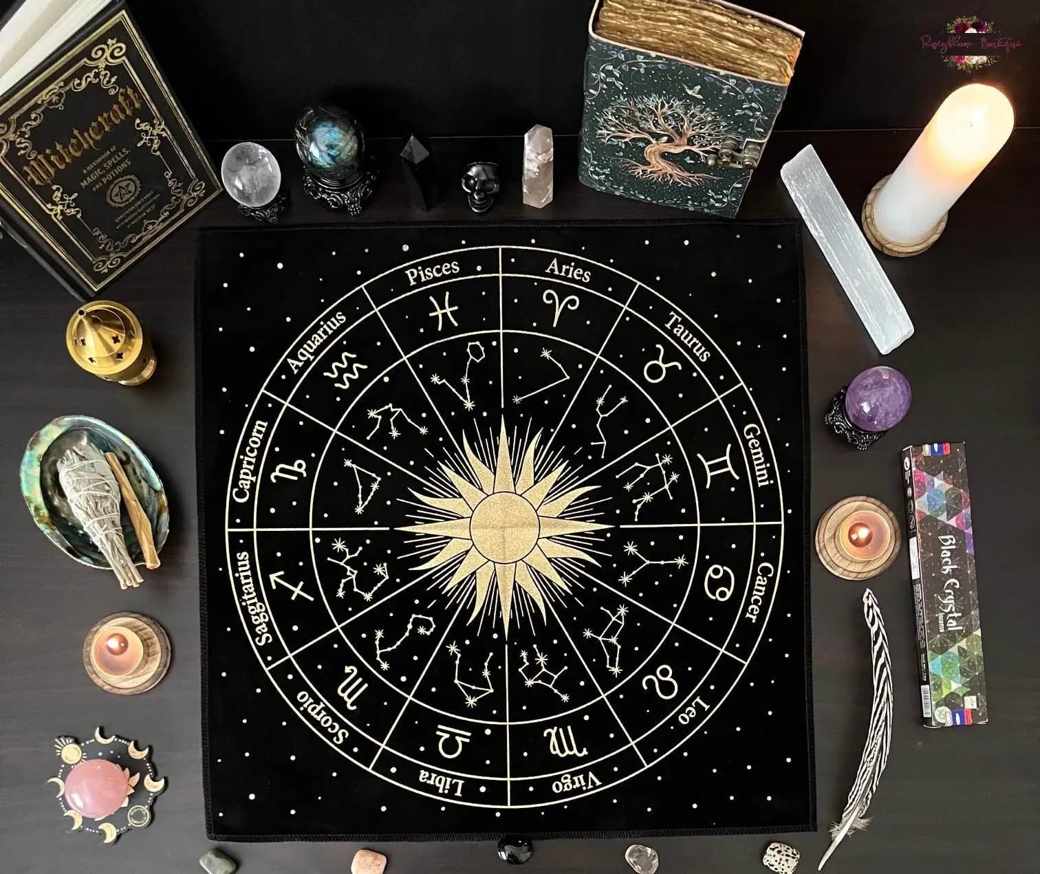 Tovaglia VIKAMA con Stampa a Caldo dei Dodici Segni Zodiacali, Tovaglia per Divinazione Tarocchi Stile Dark Wind, Tovaglia per Carte dei Tarocchi