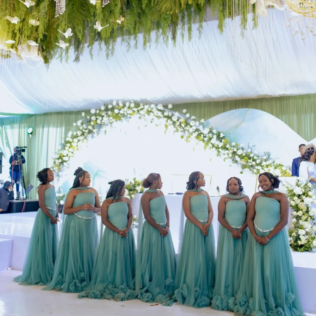 Africa Teal Bridesmaid Dresses for Women Strapless with Scarf Crystal 3D Flowers Tulle A Line Wedding Guest Party Gown Customize