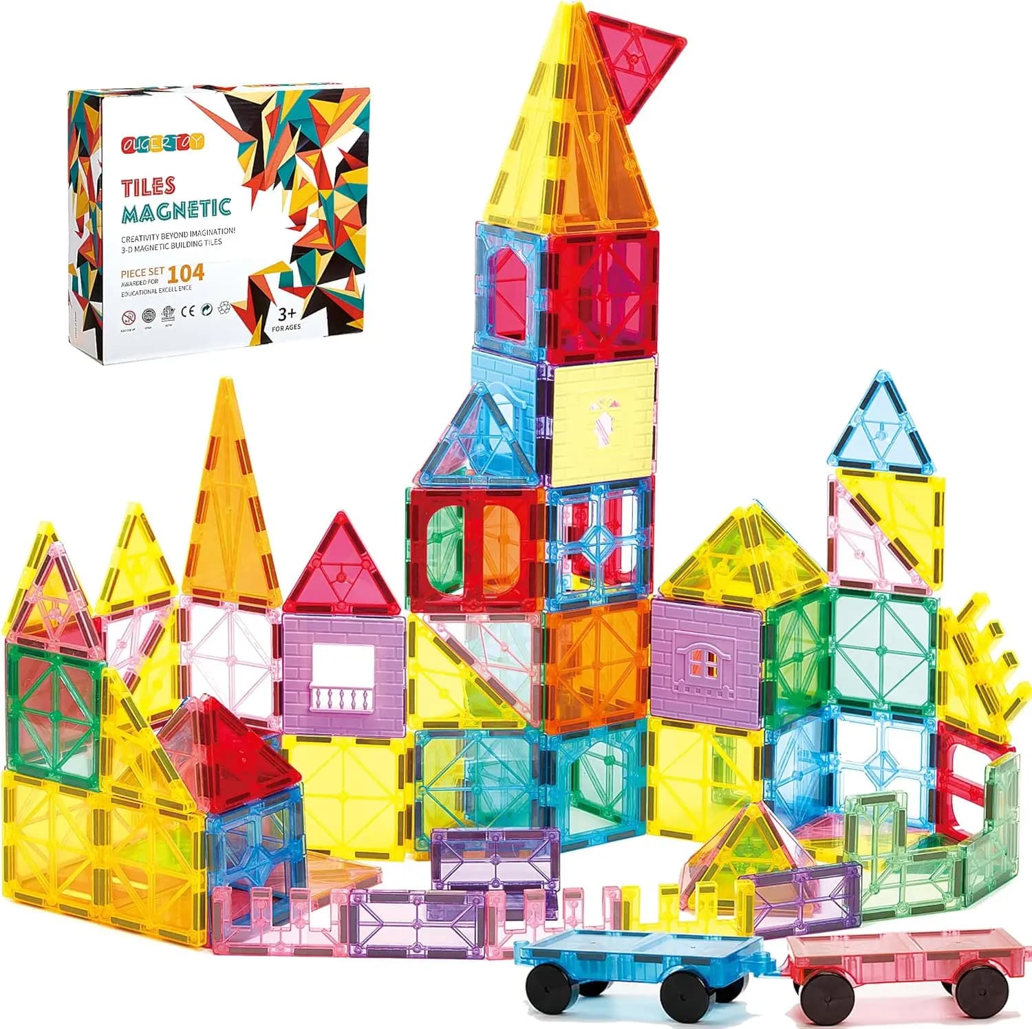 104 Pezzi di Piastrelle Magnetiche STEM per Bambini dai 3 ai 9 Anni, Giocattoli Educativi Impilabili con Basi per Auto, Regalo Creativo per Costruzioni