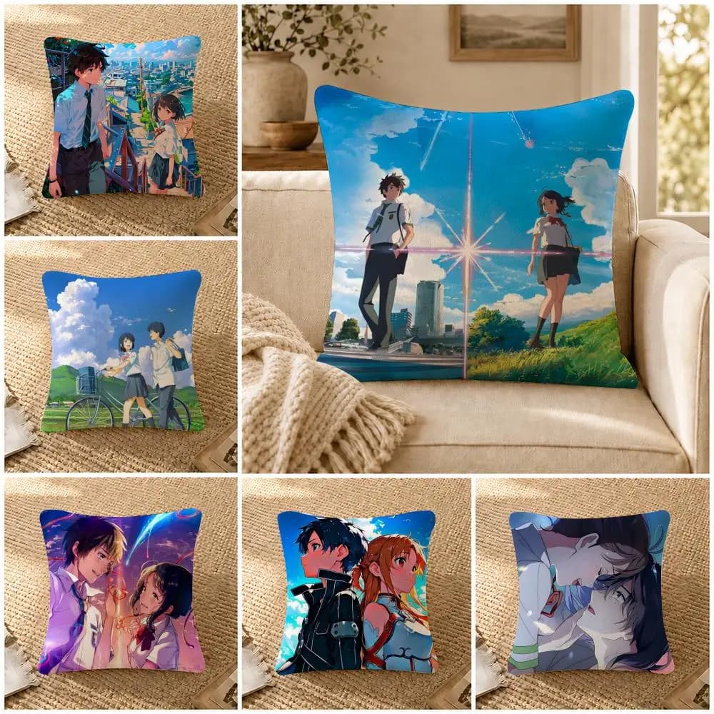 Anime Y-Your N-Name Kimi no N-Na wa Cushion Cover Soft Short Plush Decorative Pillow Cover for Sofa Bedroom Easy to Clean