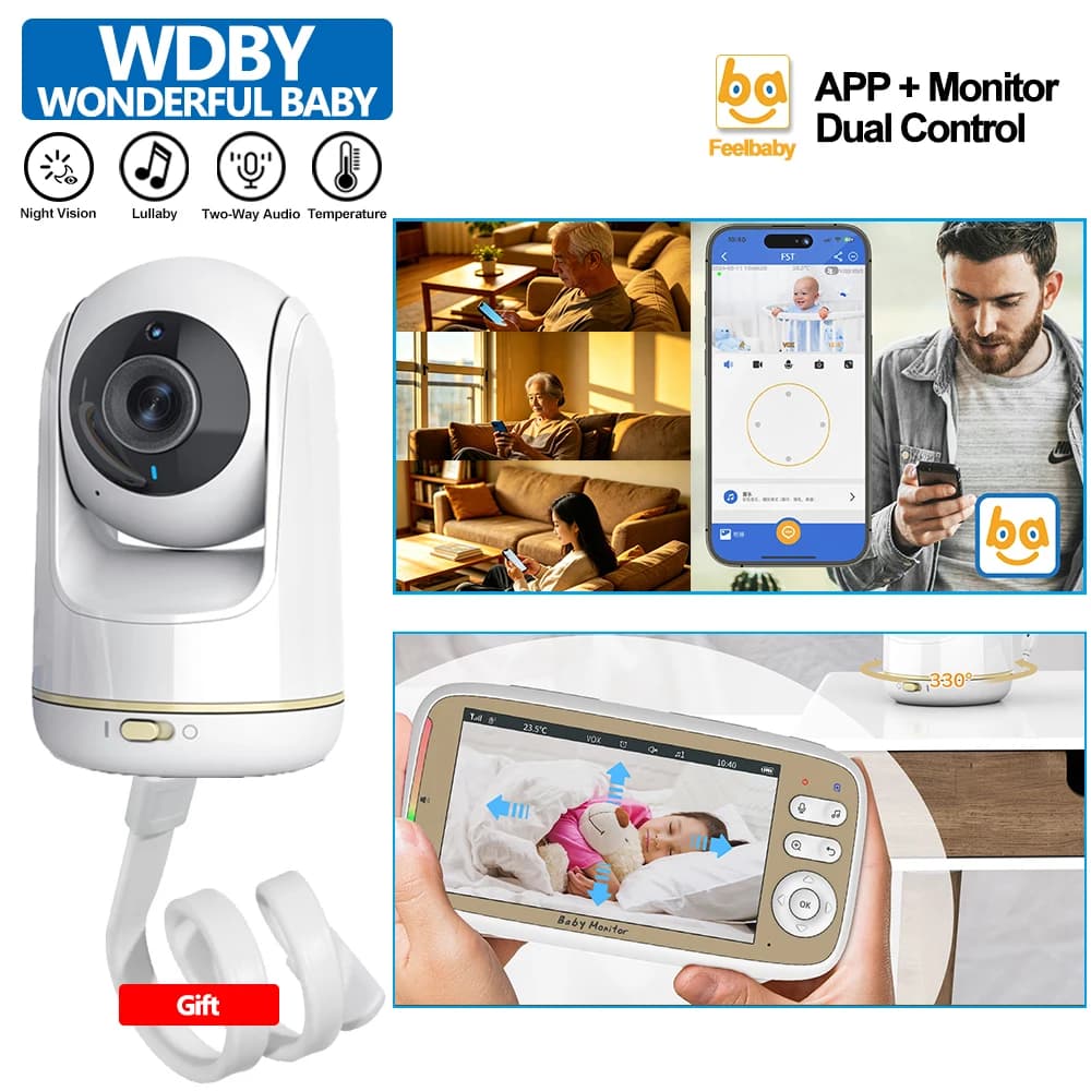 Baby Monitor da 5 Pollici con Telecamera PTZ Zoom 3X, Supporto Gratuito, WIFI, Controllo Dual tramite APP e Monitor, Audio Bidirezionale, Baby Sitter Elettronico