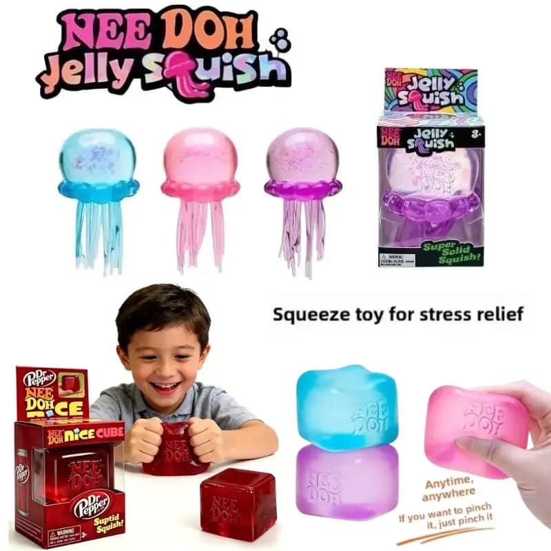 Nee Doh Jellyfish & Cube Squish Toy Morbido Giocattolo Antistress Sensoriale a Forma di Medusa e Cubo per Bambini e Adulti, per Alleviare Ansia e ADHD