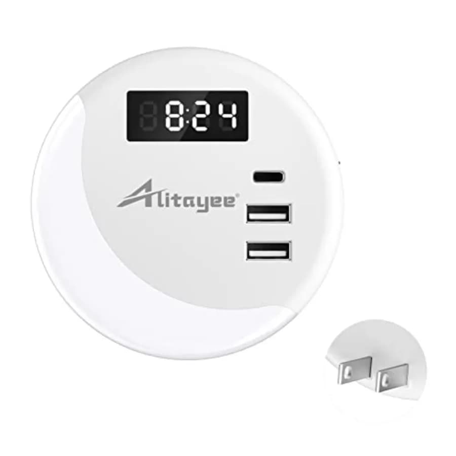 LED Night Light, Night Lights Plug Into Wall, Smart Light Sensor Nightlight with USB C Charger MAX 15.5W and Digital Clock for