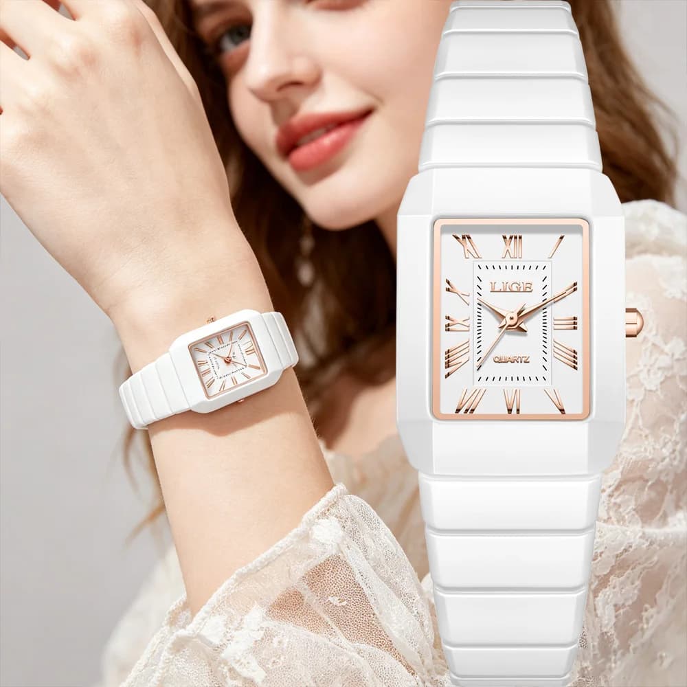 Orologio rettangolare di lusso LIGE per donna, impermeabile, con calendario, semplice, alla moda, interamente in ceramica, al quarzo.