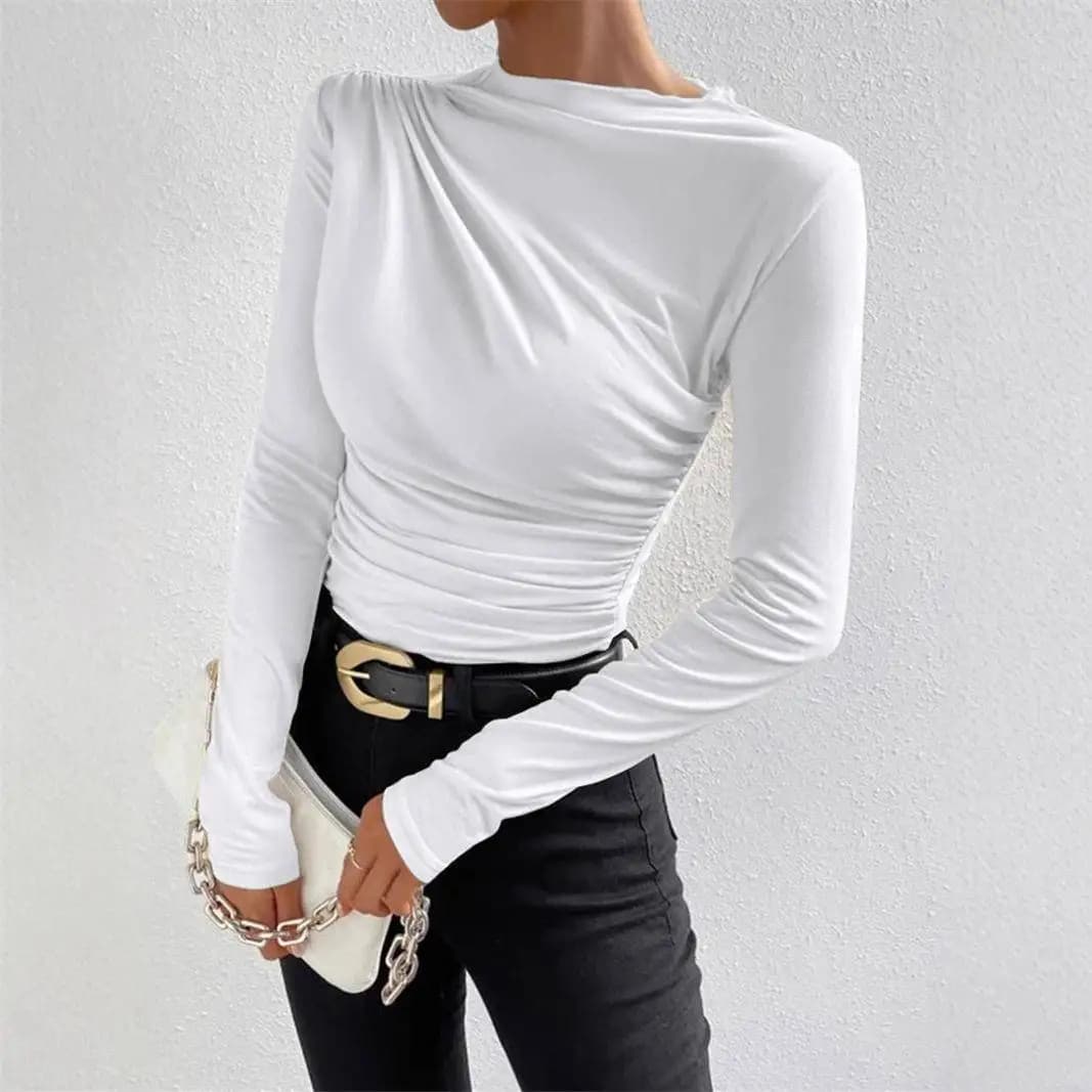 Autumn Winter Women's Slim Fit Long Sleeve T-Shirt Pure Color Folded Design Versatile Casual Top Yoga Polyester Fabric