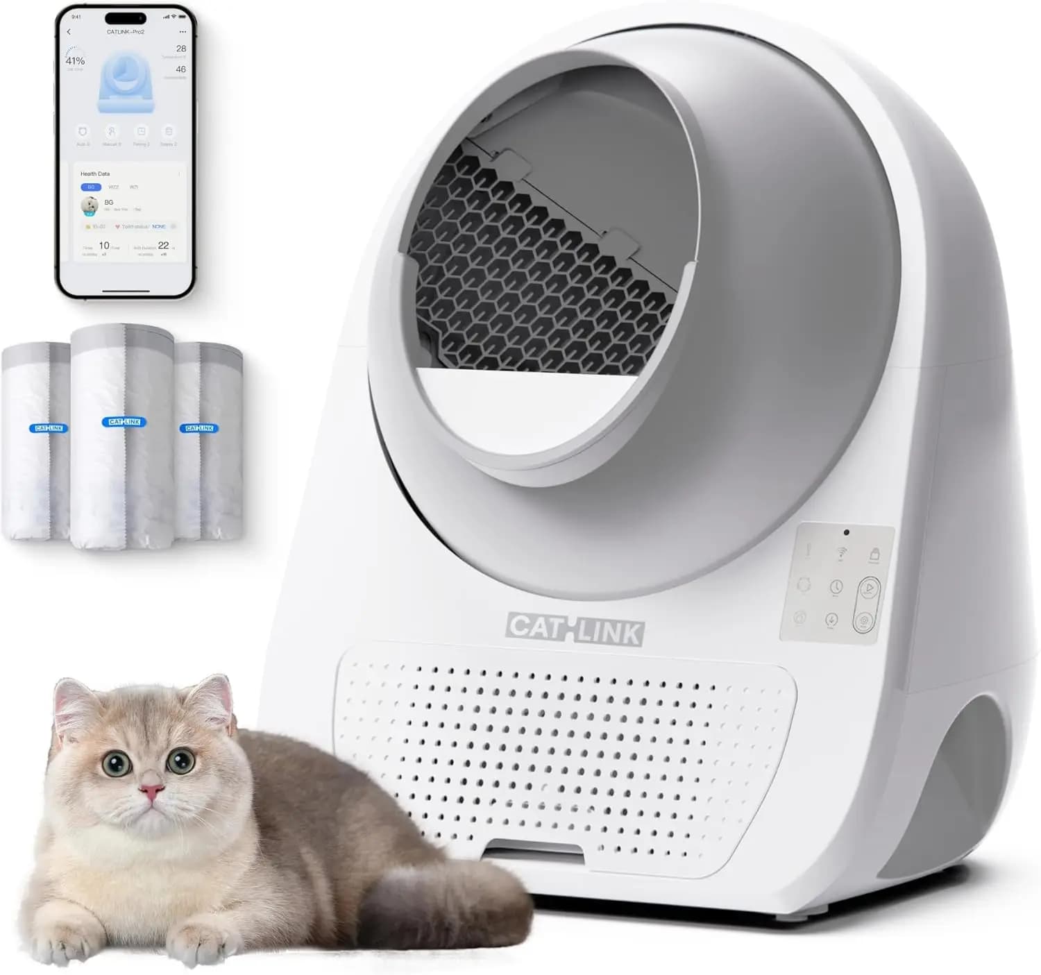 Lettiera autopulente per gatti multipli, monitoraggio della salute, lettiera automatica con APP, controllo degli odori, 65L, sicura e anti-schiacciamento