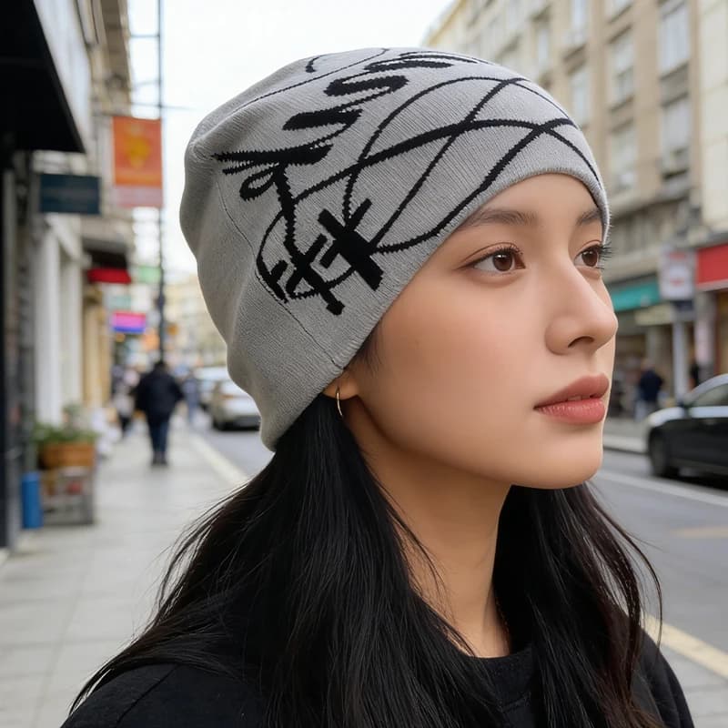 Jacquard Gothic Knife Hat Y2K No visor | Winter hat with black and gray spiral letters print