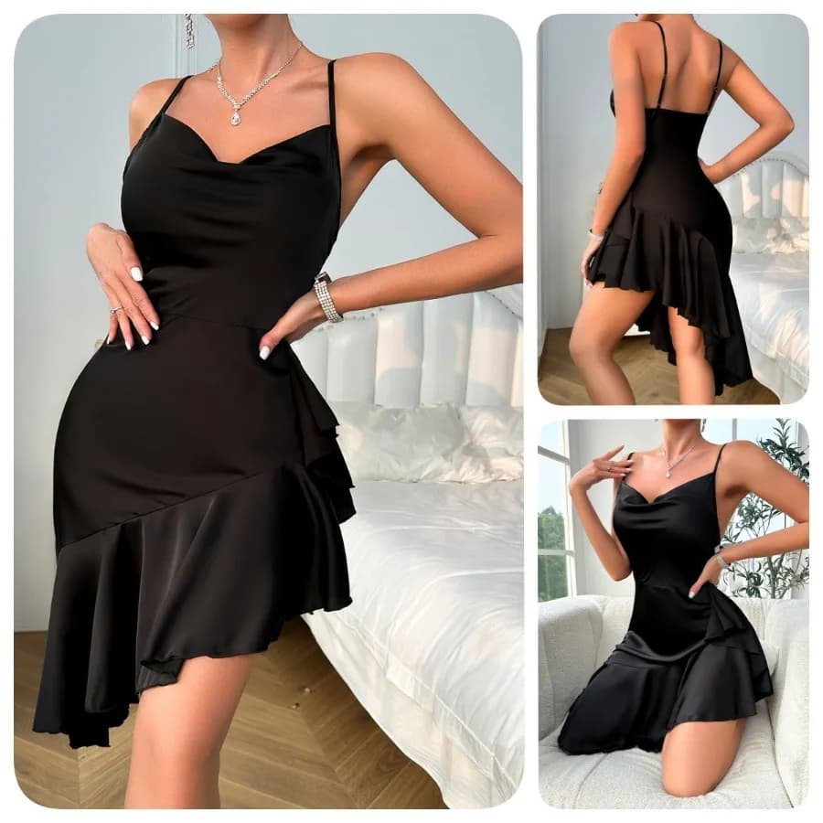 【New style】New summer sexy hanging neck back slim lotus leaf skirt swing evening dress sleeping dress 699