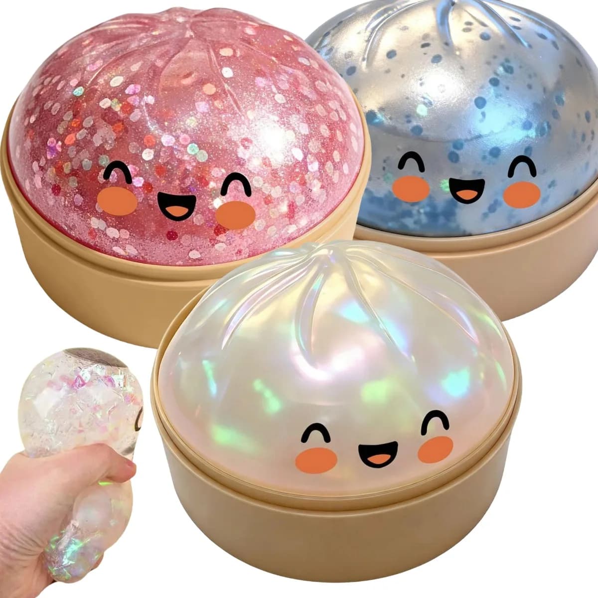 Premium Squishy Steamed Bun Dumpling Toy Slow Rising Glitter Stress Ball Stretchy Decompression Fidget Toy Desk Travel Gift