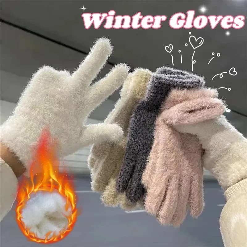 Guanti morbidi invernali lavorati a maglia Coppia di guanti termici in peluche carini in tinta unita Guanti da ciclismo a cinque dita per donne e ragazze