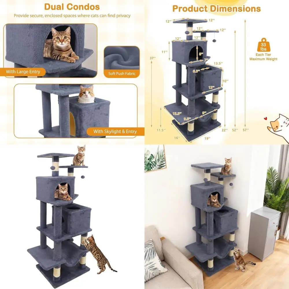 Torre per Gatti da Interno 57 con Palo in Sisal, Posatoio, Cucce, Amaca, Palline e Piattaforme