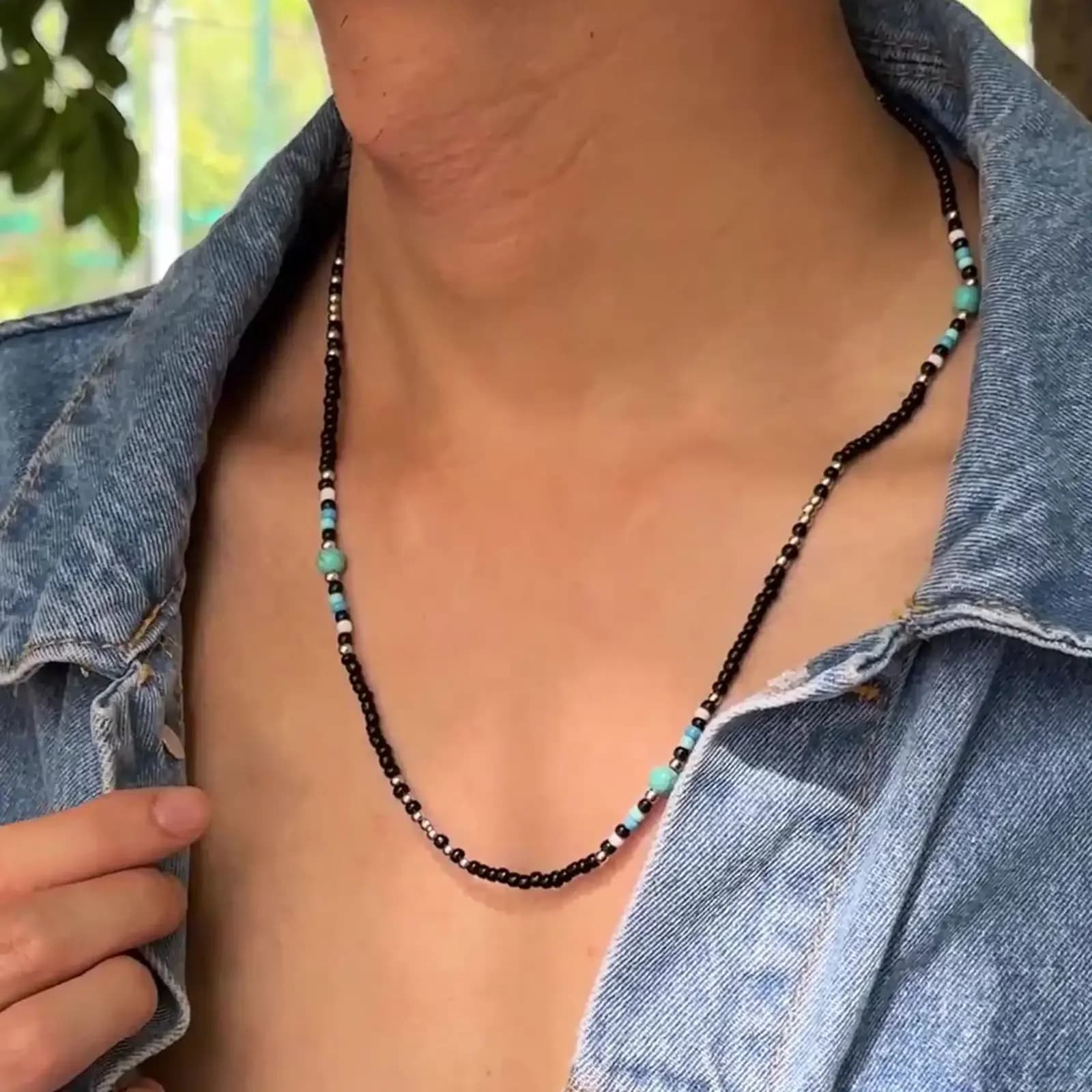 Synthetic Turquoise Beaded Necklace Designed for Men