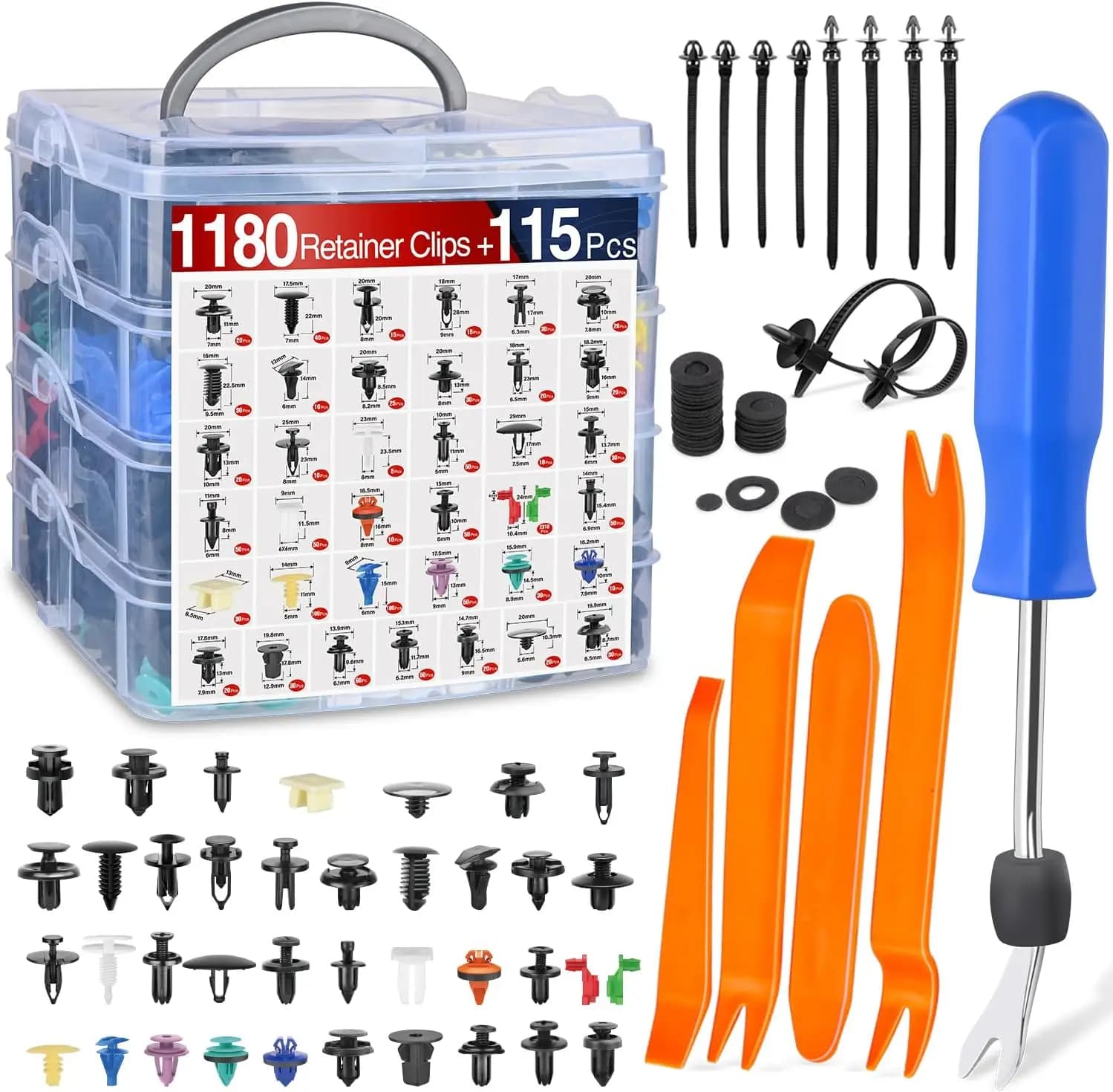 Kit di 1295 Pezzi di Clip di Fissaggio per Auto - 37 Misure di Rivetti in Nylon per Paraurti e Parafanghi con 5 Estrattori e 10 Fascette per Cavi