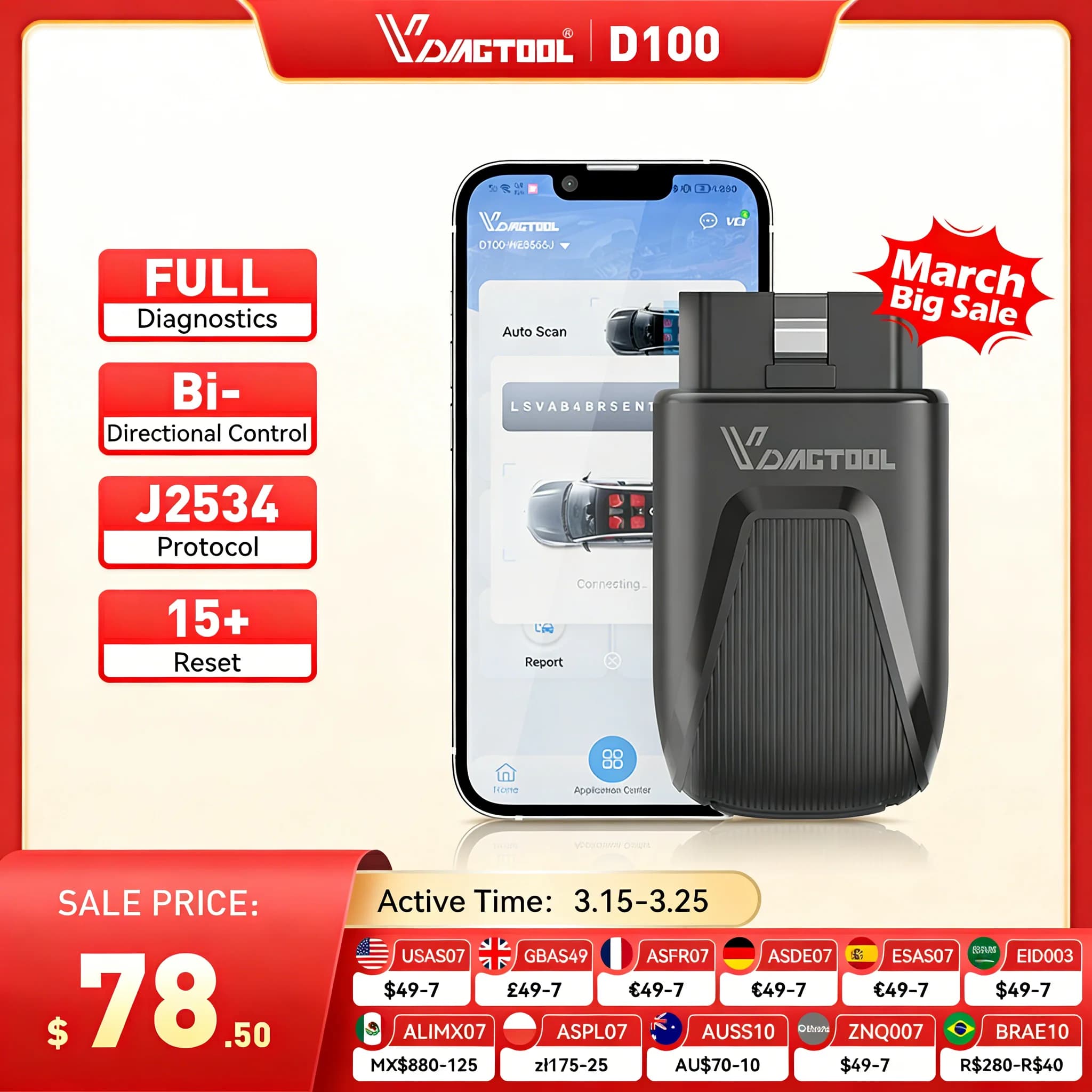 Nuovo Scanner Bluetooth OBD2 VDIAGTOOL D100, Strumento Diagnostico per Auto con 23+ Funzioni di Reset, Protocollo J2534 Attivo, Aggiornamenti Gratuiti a Vita