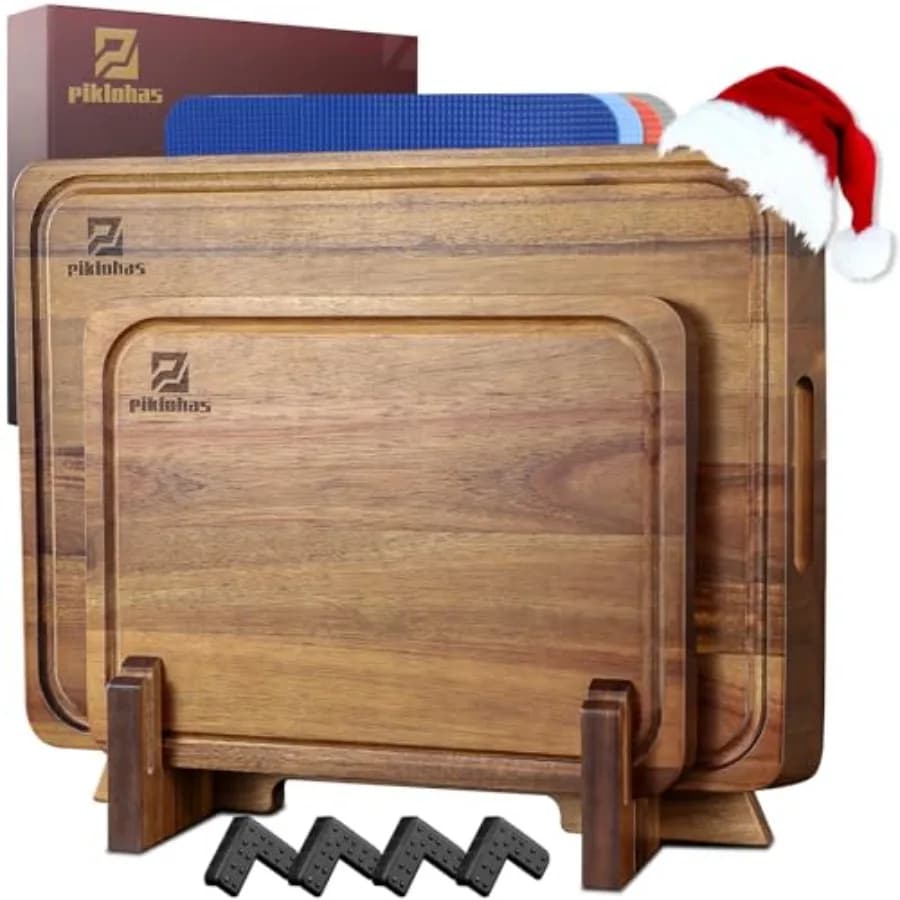Cutting Boards Large Set of 7 Acacia Wood Charcuterie Chopping Board for Kitchen with Holder Non Slip Feet Plastic Serving Boar
