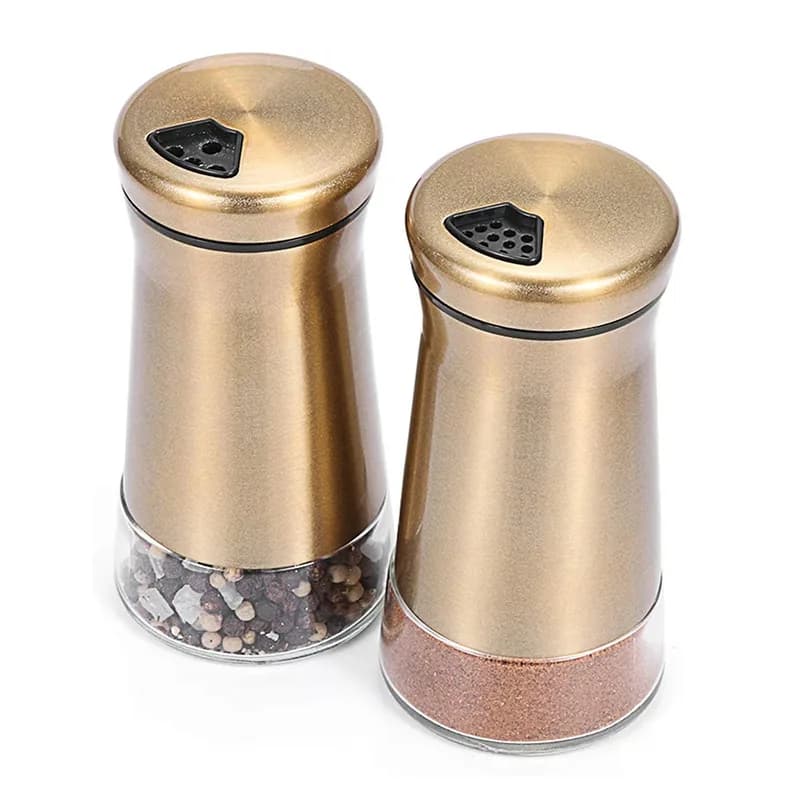 Vendita calda color oro vetro metallo classico barattoli di spezie saliere spezie condimento barattolo di condimenti sale e pepe