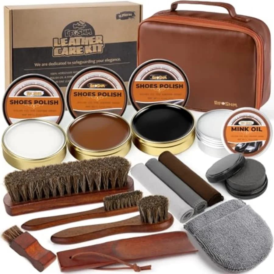 Shoe Shine Kit 15-in-1 Leather Care and Polish with Black/Brown/Neutral Shoe Polish, Mink Oil, 4 Horsehair Brushes Restores Old